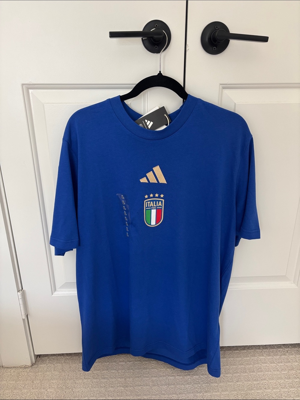 adidas Italy Crest Men's Short Sleeve Shirt - Blue with Gold Accents